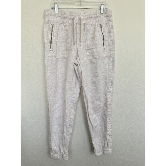 Athleta Cabo Linen Joggers White Drawstring Micro Cheetah Beach Women's Size 10 - Picture 3 of 9